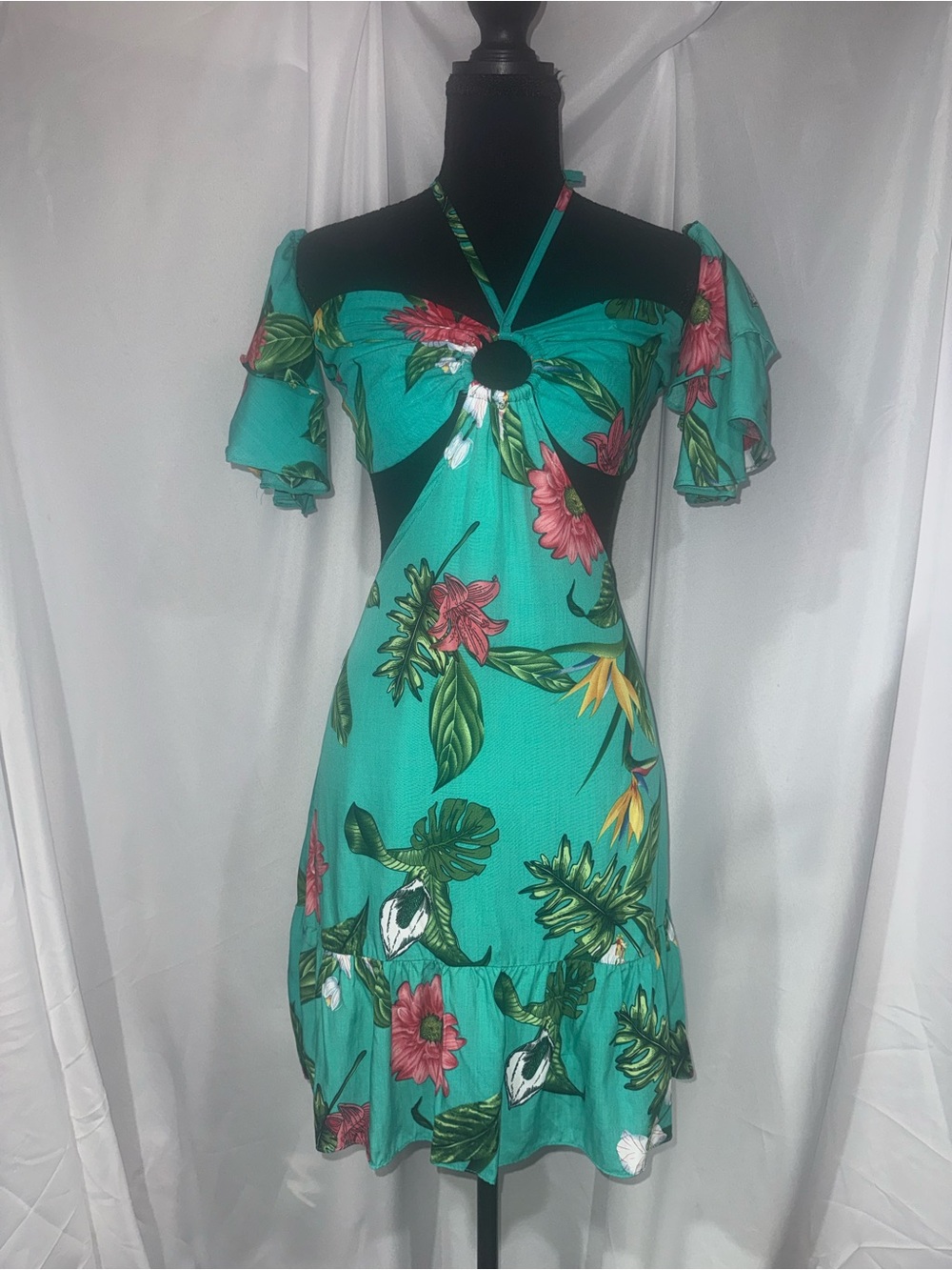 Valentina Turquoise Floral Halter Cutout Mini Dress